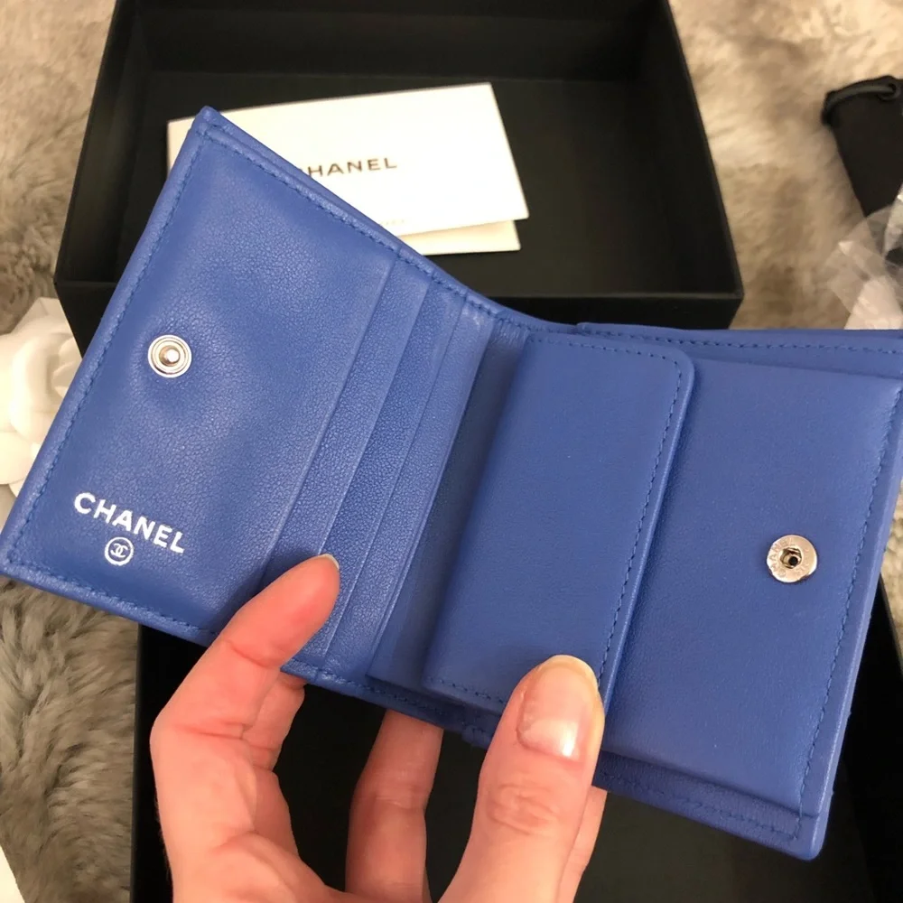 Chanel lambskin leather blue bifold wallet